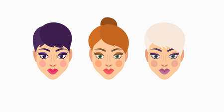A girls head with different hairstyles and hair color. Female image.のイラスト素材
