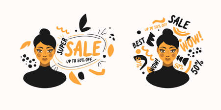 Modern online Sale poster. Different shapes in Doodle style. Abstract spots and shapes on the background.のイラスト素材