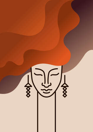 The head of a girl with lush wavy hair. Avatar for women. Vector illustration. The face of a woman with her eyes closed.のイラスト素材