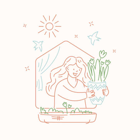 A girl in the window of her house takes care of plants. A young woman holds a pot with a flower in her hands and smiles.のイラスト素材