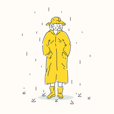 A young girl dressed in a yellow raincoat and hat stands with her hands in her pocket. A woman stands in the rain.のイラスト素材
