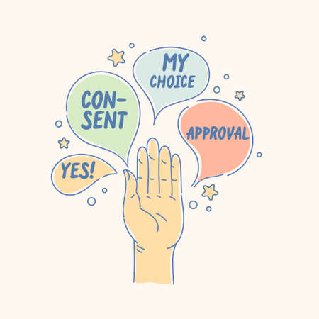 An open palm in greeting. A concept illustration with cartoon style speech bubbles. A hand gesture signifying agreement.のイラスト素材