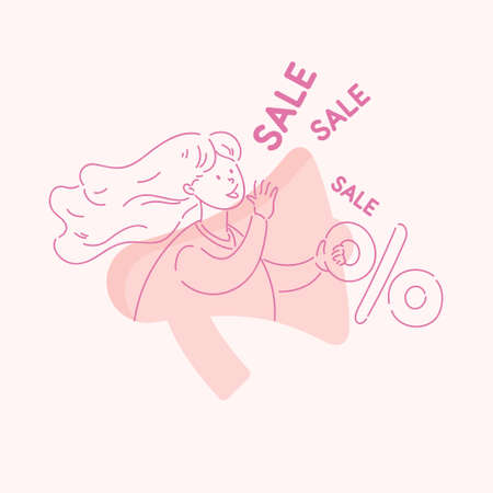 A young girl tells everyone the news. Conceptual vector illustration. Sale poster. A happy woman shares information.のイラスト素材