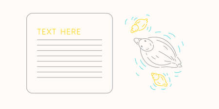 A line drawing of a ducks in a cartoon style. A pet in the background. A frame for placing information.のイラスト素材