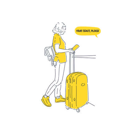 The girl checks in for the flight. A young woman with tickets is standing at the counter. Vector illustration.のイラスト素材