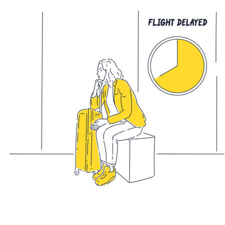 The girl is waiting for her flight. A young woman with tickets is sitting. The woman looks at her watch and worries.のイラスト素材