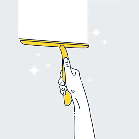 Image on the theme of cleaning and cleanliness. A mans hand is holding a window cleaning scraper.のイラスト素材