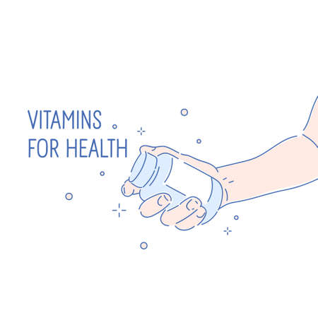 A persons hand holds a jar of vitamins. Packaging of pills to improve your health. Poster for the sale of medicines.のイラスト素材