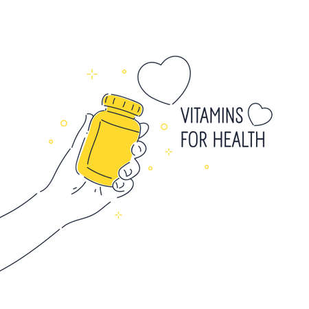 A persons hand holds a jar of vitamins. Packaging of pills to improve your health. Poster for the sale of medicines.のイラスト素材