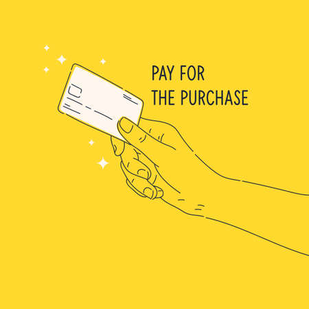 Vector illustration in a cartoon style. The persons hand is holding a credit card.のイラスト素材
