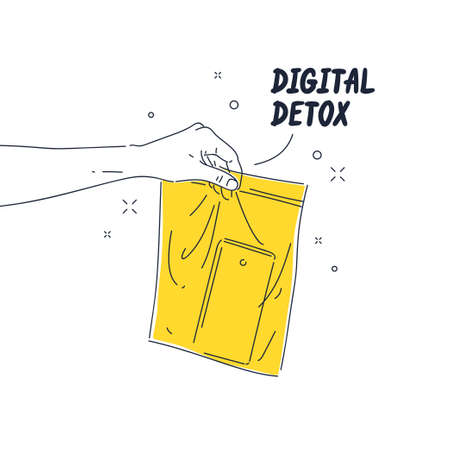 The poster calls for reducing dependence on gadgets. Mobile digital devices and human interaction with them.のイラスト素材