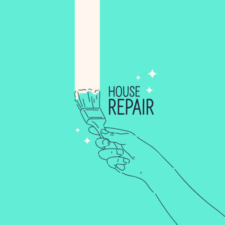 A man holds a tool in his hand. A poster on the topic of home renovation.のイラスト素材