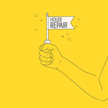 A man holds a tool in his hand. A poster on the topic of home renovation.のイラスト素材