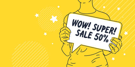 The girl is holding a poster in her hands. A young woman encourages you to shop at a sale in a...