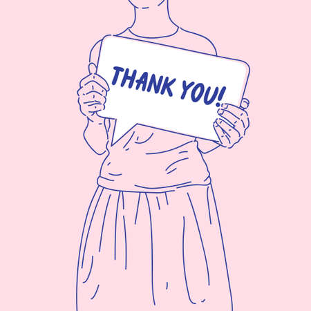 The girl is holding a poster that says thank you. A young woman stands facing the viewer.のイラスト素材
