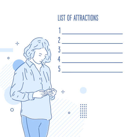 The girl plans the route of the trip. A young woman looks at the phone. A template for placing information.のイラスト素材