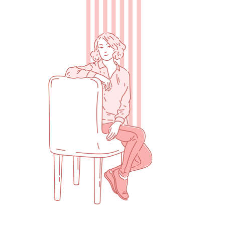 A beautiful woman is sitting on a chair and smiling. A young girl looks at the viewer.のイラスト素材