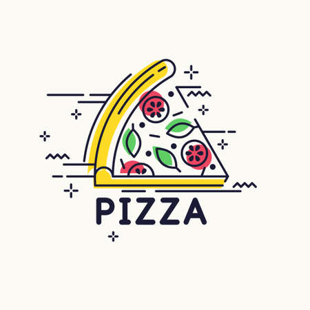 Drawing of pizza. A slice of fresh delicious pizza. A poster with a picture of food.のイラスト素材