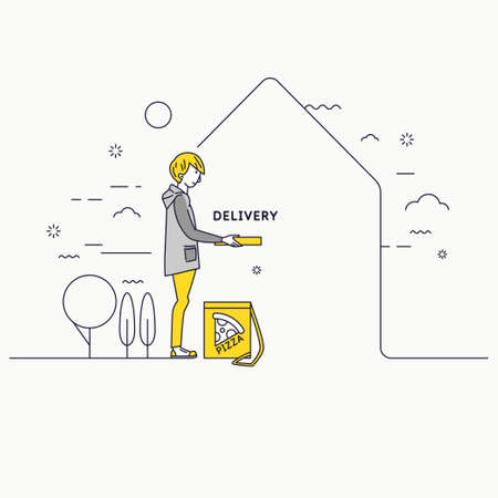 A young man delivers groceries. The courier delivered the pizza to the customers house.のイラスト素材
