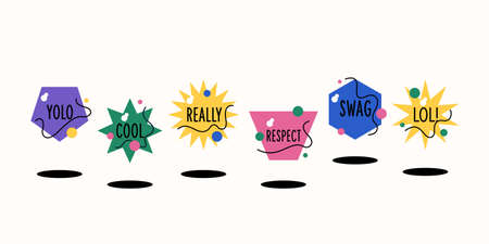 A set of stickers with fashionable words. Geometric shapes and compositions of them. Compositions of simple shapes.のイラスト素材