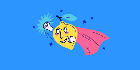 Funny lemon in cartoon style. A fruit with happy eyes smiles cheerfully. Flat vector graphics in a popular style.のイラスト素材