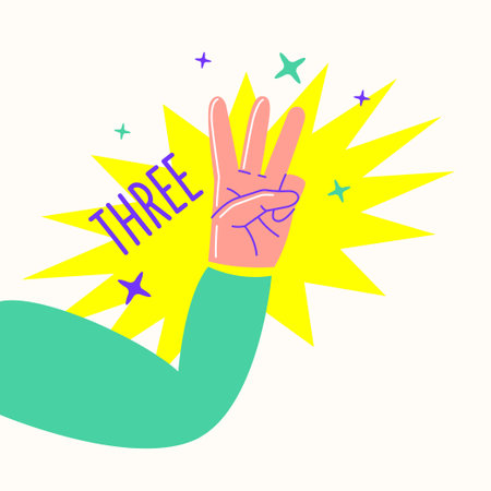 The hand gesture shows three fingers. The persons arm is bent at the elbow. Modern fashionable youth graphics.のイラスト素材