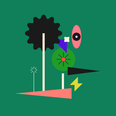 A modern background with abstract elements, dynamic shapes and a hand gesture. Compositions of colored spots.のイラスト素材