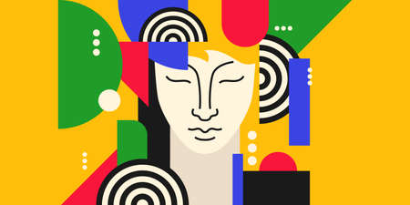 Modern geometric composition of various shapes.Background in the trend chart. Portrait of a young girl.のイラスト素材