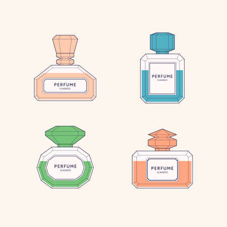 Perfume for women. A set of images of perfume bottles. A beautiful vector image in a fashionable style for design.のイラスト素材