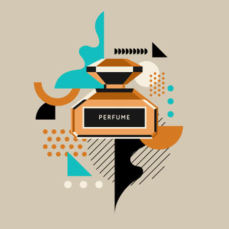 A modern fashion poster in the youth style consists of various geometric shapes and a perfume bottle. Perfume for women.のイラスト素材