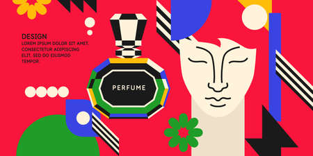 Fashion poster in the youth style consists of various geometric shapes and a bottle of perfume and a girls face.のイラスト素材