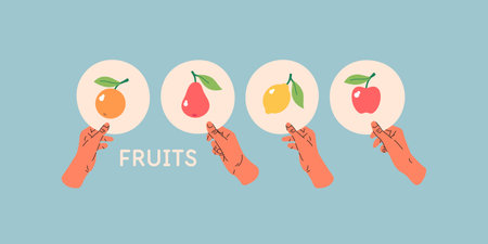 Human hands hold geometric flat round shapes with fruit images. A set of isolated objects in the background.のイラスト素材