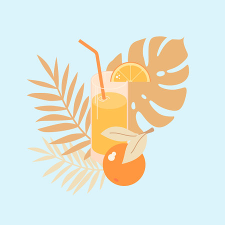 A bright summer poster advertises a refreshing drink. Orange juice in a glass with a straw.のイラスト素材