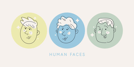 Faces of people of different types. Mens heads close-up. The faces of smiling people in a good mood.のイラスト素材