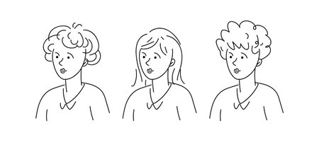 The heads of girls with different hairstyles and long hair. The image of the head of cute women in a turn.のイラスト素材
