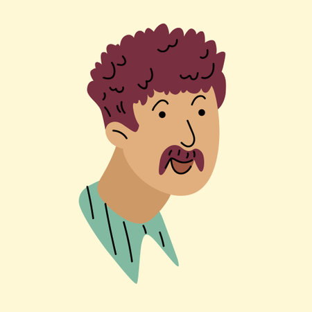 A mans head. Male head close-up. Minimalistic cute cartoon-style graphics. The persons face is drawn in a flat style.のイラスト素材