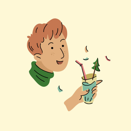 A young man is going to celebrate the New Year. Bright New Years poster. The guy is smiling on the poster.のイラスト素材