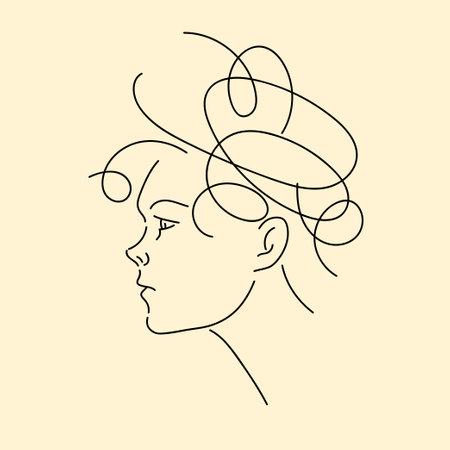 A womans head in close-up. Minimalistic line graphics. Profile of a young girl.のイラスト素材