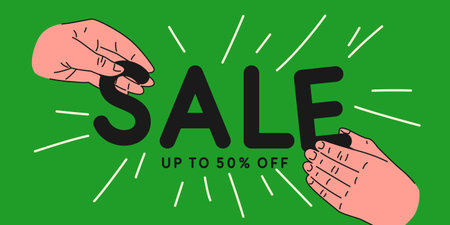 A person holds the letter of a word with his hand. The original advertising poster of the sale. Vector illustration.のイラスト素材