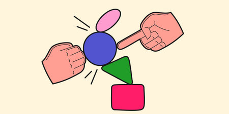 Poster depicting human hands and geometric shapes. Vector illustration. Elements for design.のイラスト素材