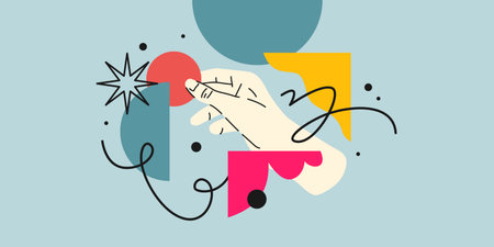 Modern geometric composition of various shapes. Illustration for design. A persons hand holds a geometric figure.のイラスト素材