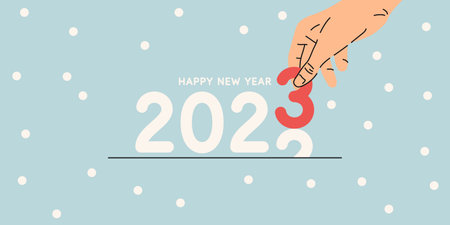 Background with the inscription Happy New Year 2023. A person holds a number in his hand.