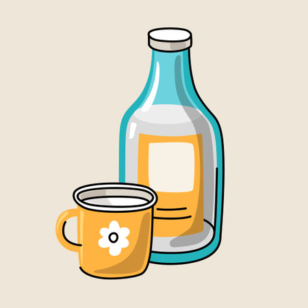 Drawing of a mug with milk and bottle of milk. Objects on a light background, hand-drawn.のイラスト素材