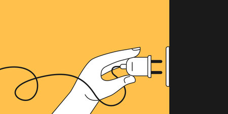 A person holds a cord from a household appliance in his hand. Image of the hand that turns the plug...