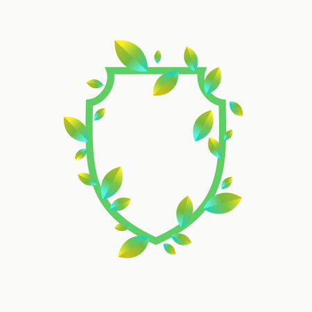 Shield, a symbol of protection and reliability. Isolated image of a shield with leaves. Environmental safety.のイラスト素材