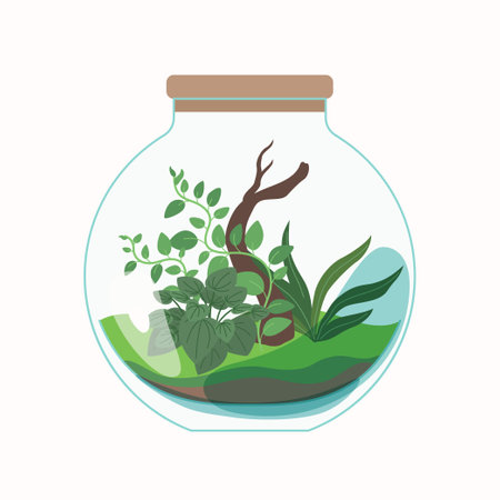 Live plants are planted in a glass container. The illustration depicts a terrarium for plants. Vector image.のイラスト素材