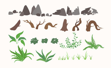 A set of elements for composing compositions with plants and decor. Objects for design and creativity.のイラスト素材