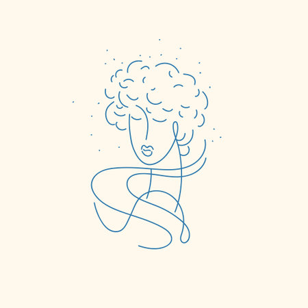 A young woman looks in front of her. Vector linear illustration drawn by hand. A pretty sweet girl.のイラスト素材