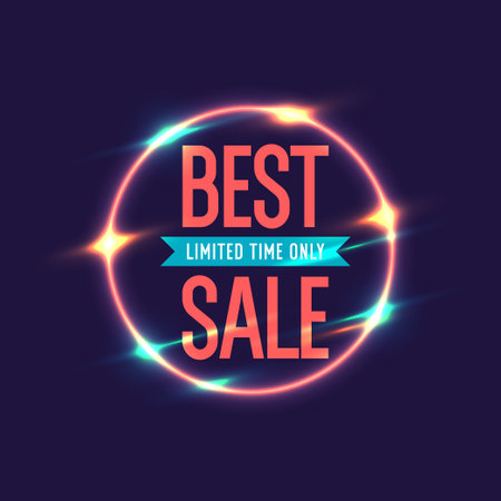 Best sale banner. Original poster for discount. Geometric shapes and neon glow against a dark background. Vector illustration.のイラスト素材