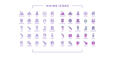 A set of linear icons. The theme of tourism and nature walks. Vector illustration. Minimalistic graphics. 96 vector Icons.のイラスト素材